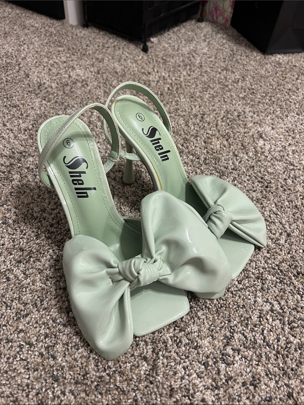 SHEIN Mint Bow Slingback Patent Mid Heel Sandals